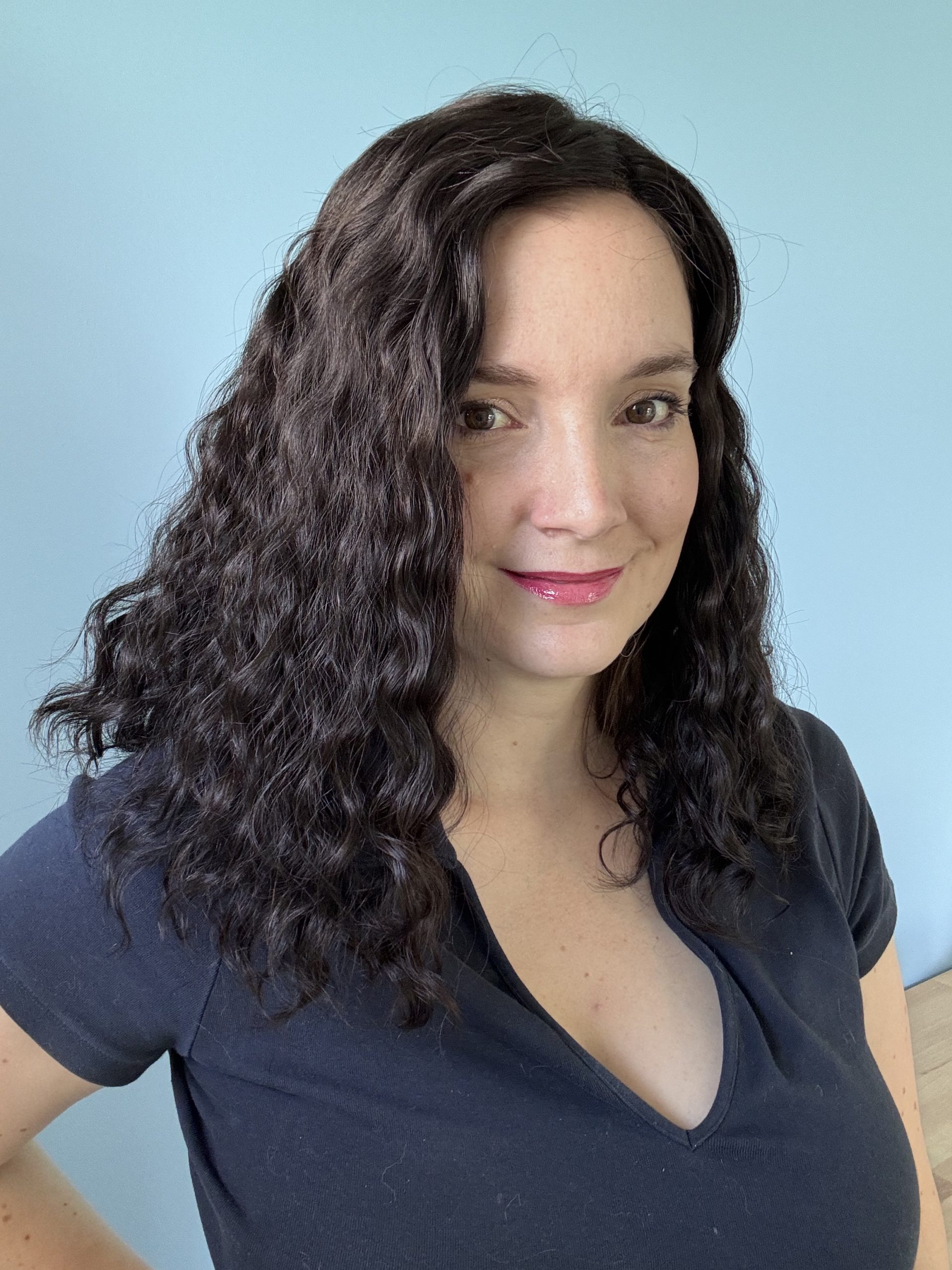Dark Brown Curly Hair Topper made from natural hair. Ideal for alopecia, fine and thinning hair, or lack of density.