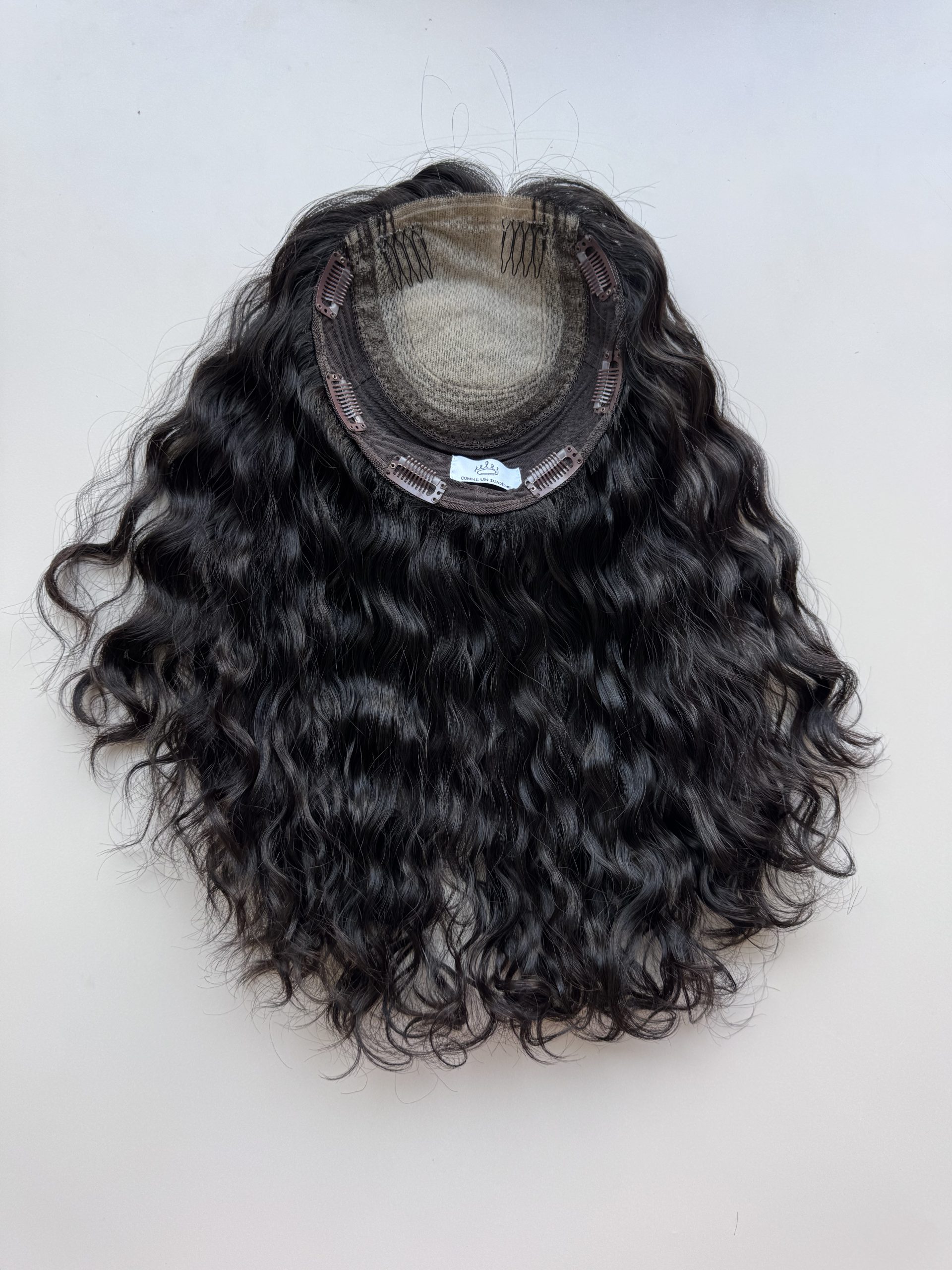Dark Brown Curly Hair Topper made from natural hair. Ideal for alopecia, fine and thinning hair, or lack of density.