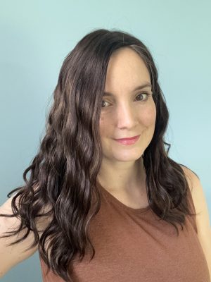 Hair topper Katie dark brown wavy for alopecia, fine and thinning hair. Hair loss solution.