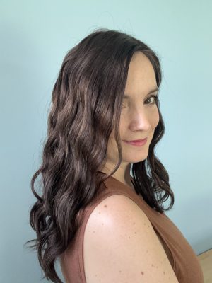 Hair topper Katie dark brown wavy for alopecia, fine and thinning hair. Hair loss solution.